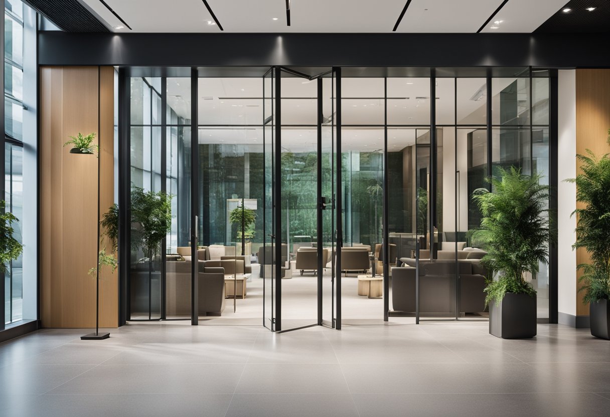 A modern glass door opens to a spacious, well-lit lobby with sleek furniture and vibrant greenery. The company logo is prominently displayed, creating a welcoming and professional atmosphere