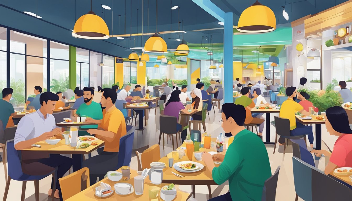 Customers dining at Jurong Point Halal restaurant, with colorful decor and delicious food
