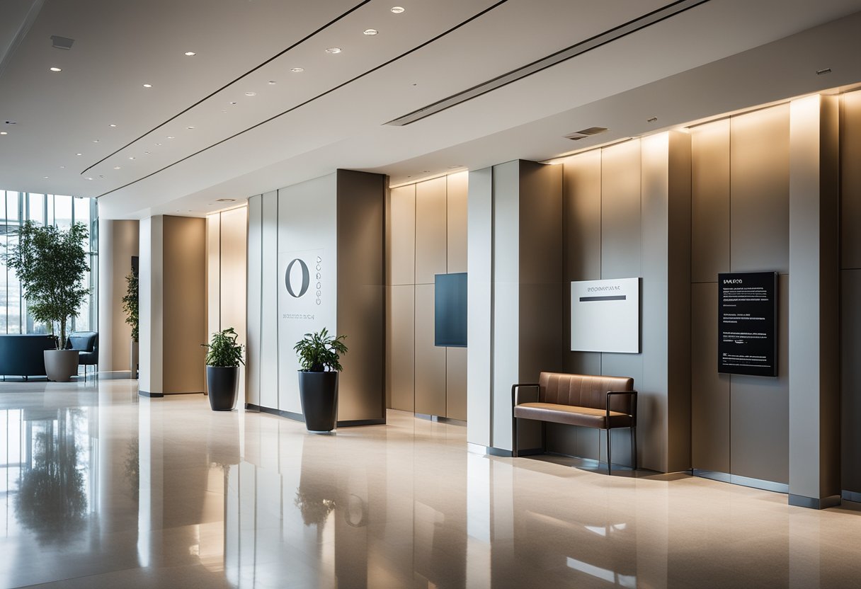 The office entrance features sleek, modern architecture with the company's logo prominently displayed. Clean lines and a neutral color palette reflect the corporate identity and culture