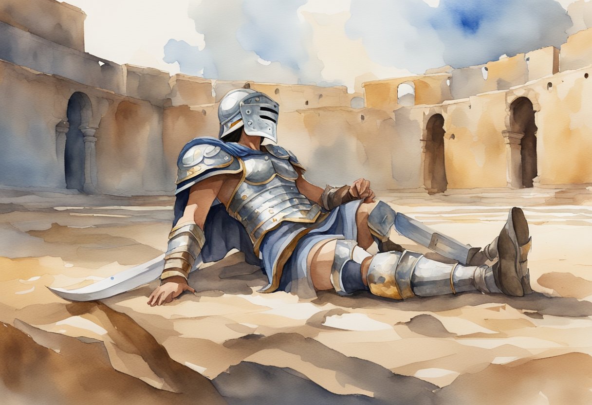 A female gladiator's armor lies abandoned in the arena, surrounded by the remnants of a fierce battle