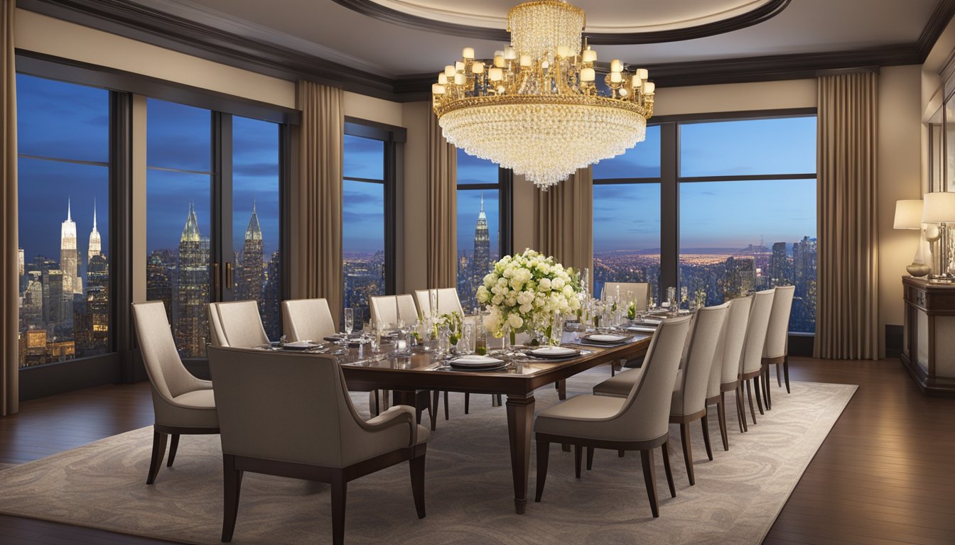 A grand chandelier illuminates a lavish dining room with plush seating, elegant table settings, and a panoramic view of the city skyline