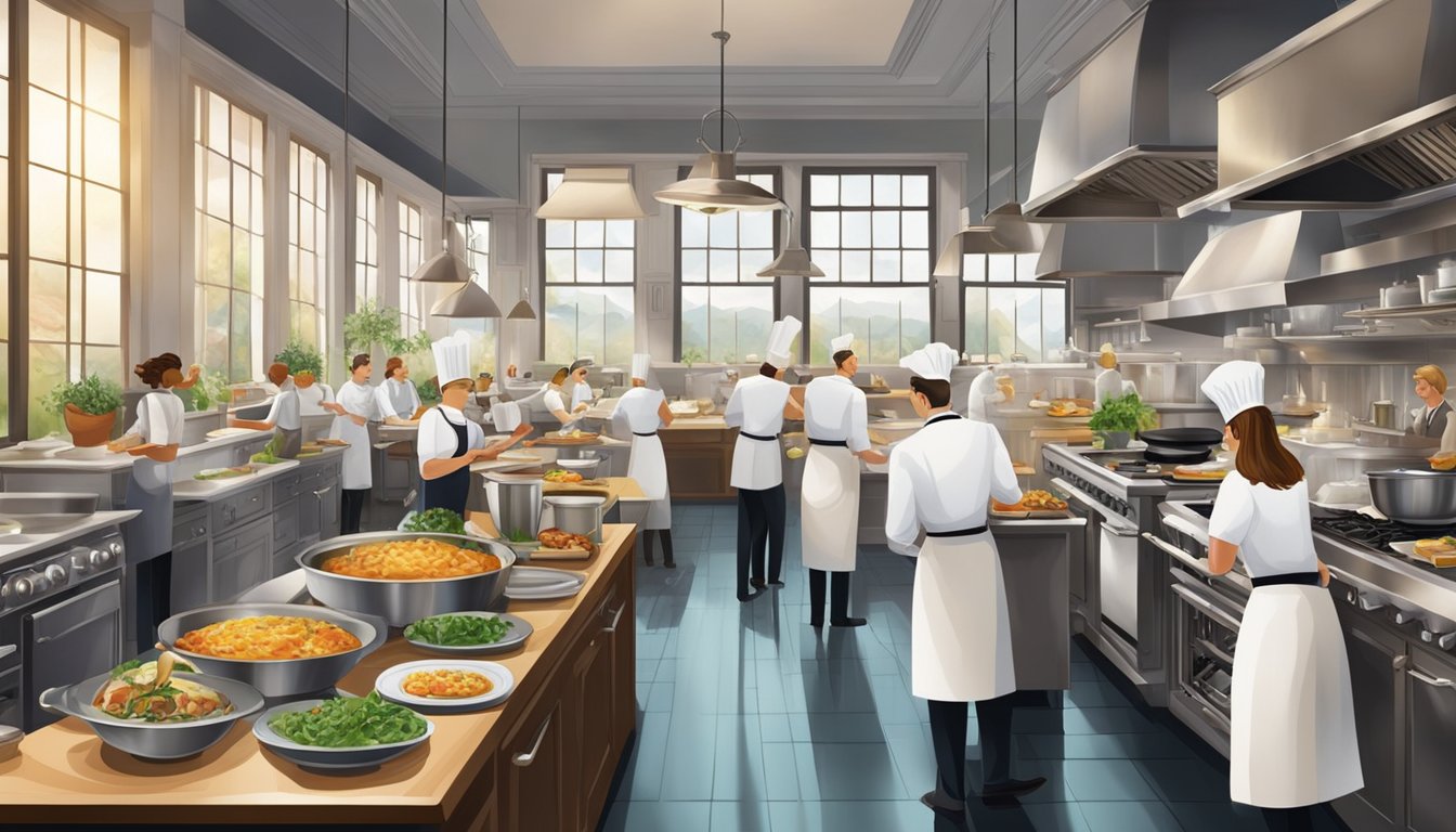 A bustling kitchen with chefs preparing gourmet dishes, while waitstaff deliver beautifully plated meals to eager diners in a chic, upscale dining room