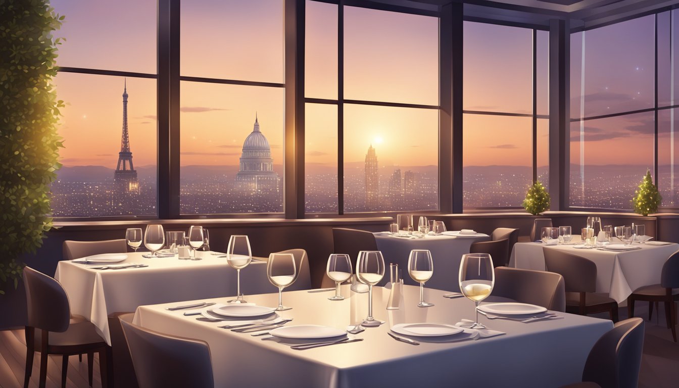 Elegant restaurant top floor with panoramic city view. Tables set with fine linens and sparkling glassware. Warm lighting and modern decor