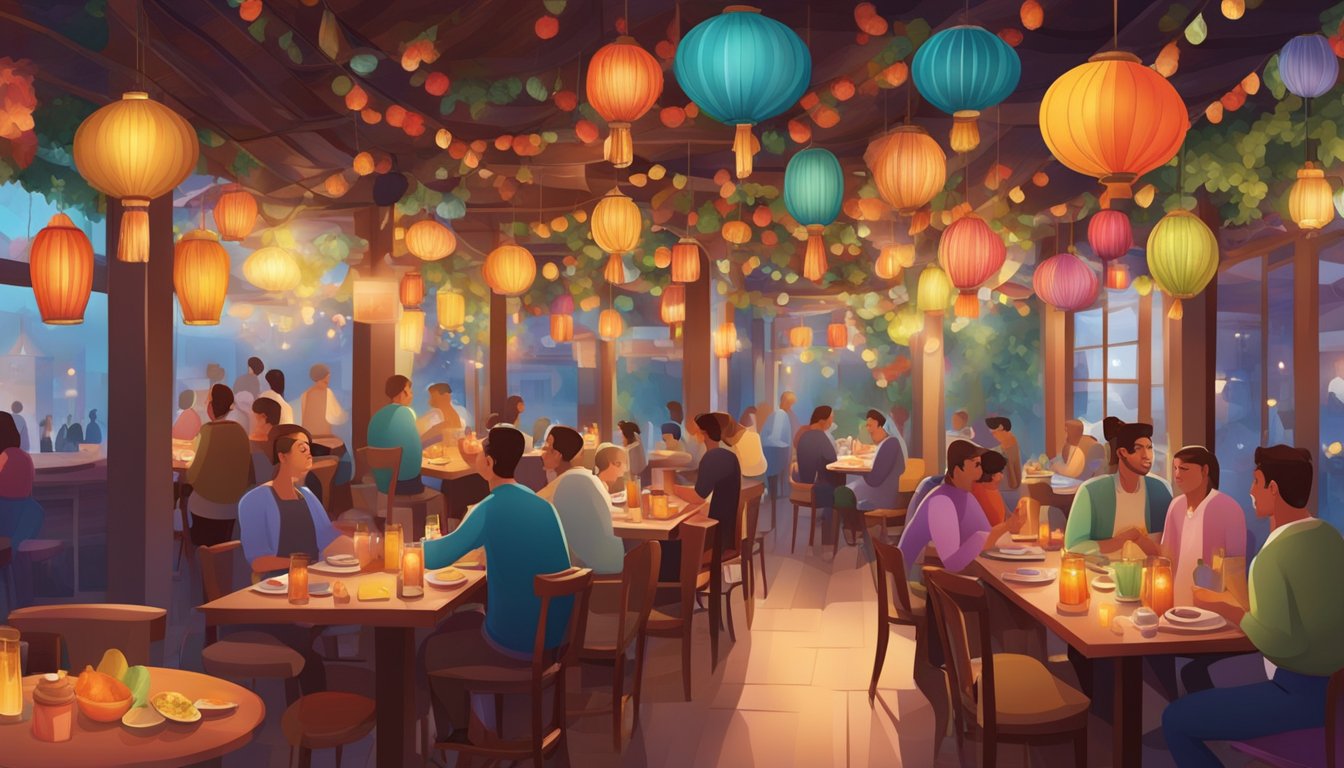 A bustling jypsy restaurant with colorful decor, hanging lanterns, and aromatic spices filling the air