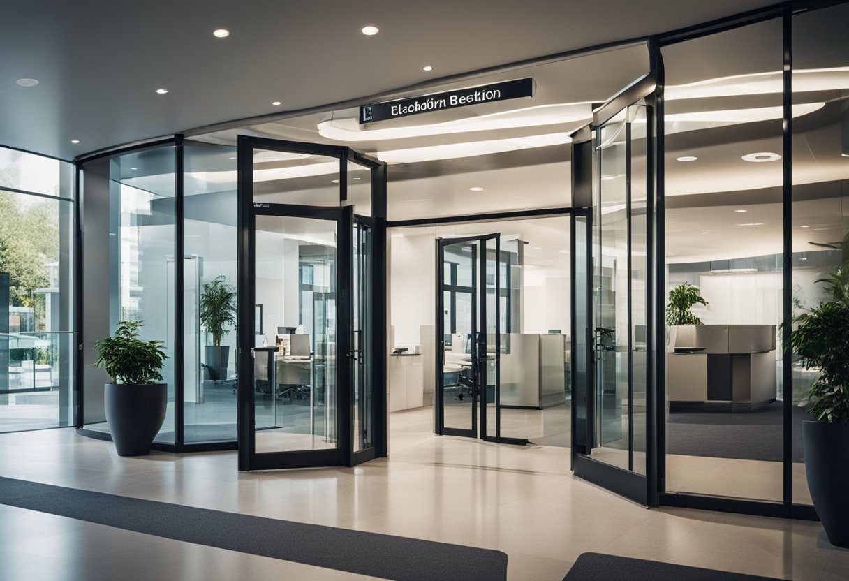 A modern glass entrance with clear signage, open doors, and a welcoming reception area for the Frequently Asked Questions office