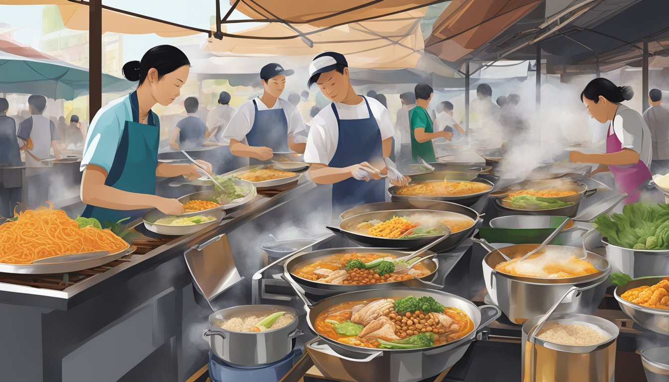 The bustling hawker center is filled with aromatic smoke and sizzling woks, as vendors skillfully prepare dishes like Hainanese chicken rice and laksa