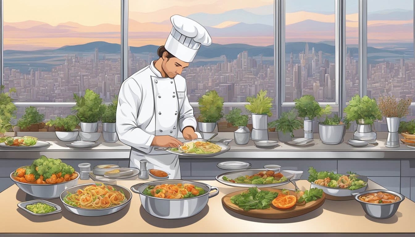 A table set with gourmet dishes, surrounded by panoramic city views. A chef prepares a dish at an open kitchen