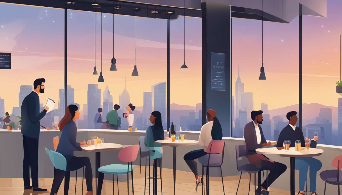 Customers line up at the restaurant's top floor, reading a large "Frequently Asked Questions" sign. The space is modern and bright, with a sleek counter and a view of the city skyline