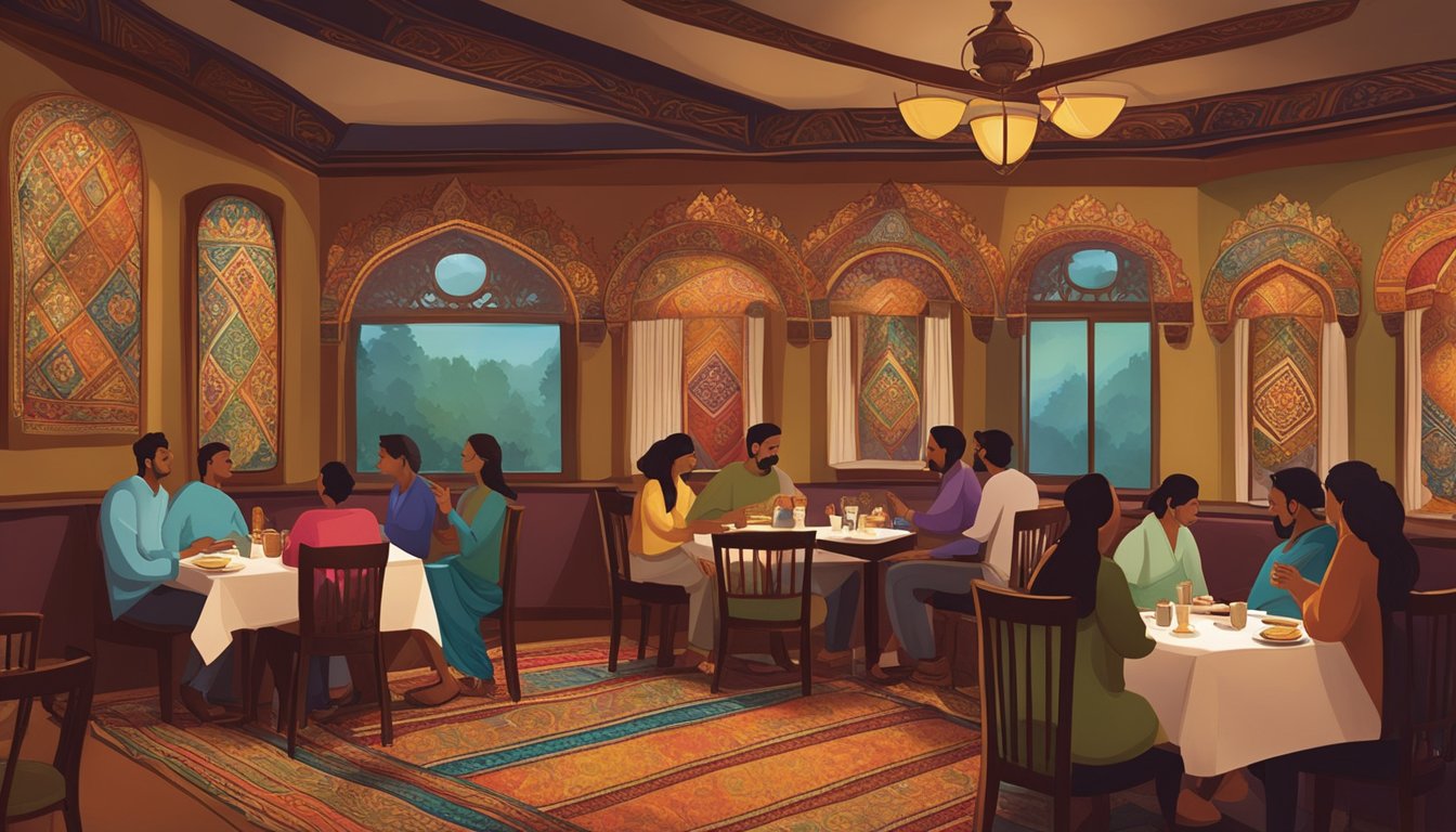 Customers savoring aromatic dishes in a cozy, dimly lit space adorned with colorful Indian tapestries and ornate decor at Jaggi's Northern Indian Cuisine restaurant