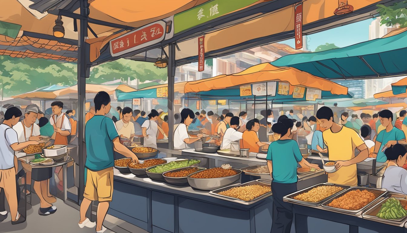 A bustling hawker center in Singapore, with colorful stalls serving up iconic dishes like Hainanese chicken rice and chili crab. Busy crowds and tantalizing aromas fill the air