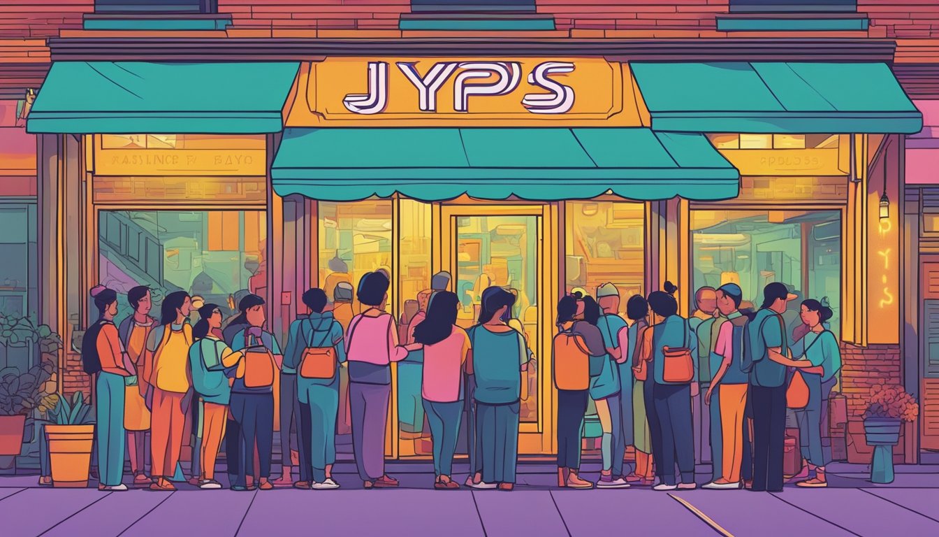 Customers line up outside Jypsy restaurant, eagerly waiting to enter. The vibrant neon sign illuminates the entrance, while the aroma of sizzling street food fills the air