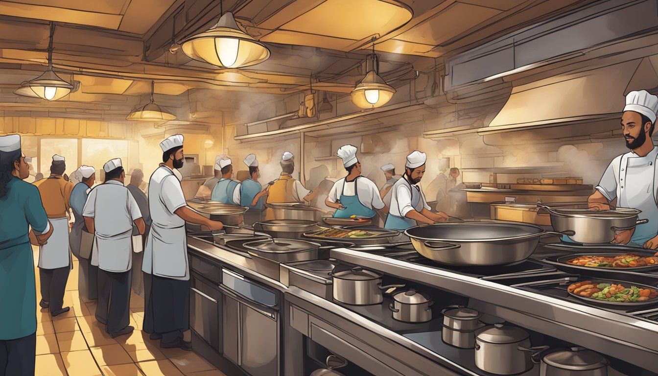 The bustling atmosphere of Jaggi restaurant, with steaming pots and sizzling pans, as waiters rush to serve hungry customers