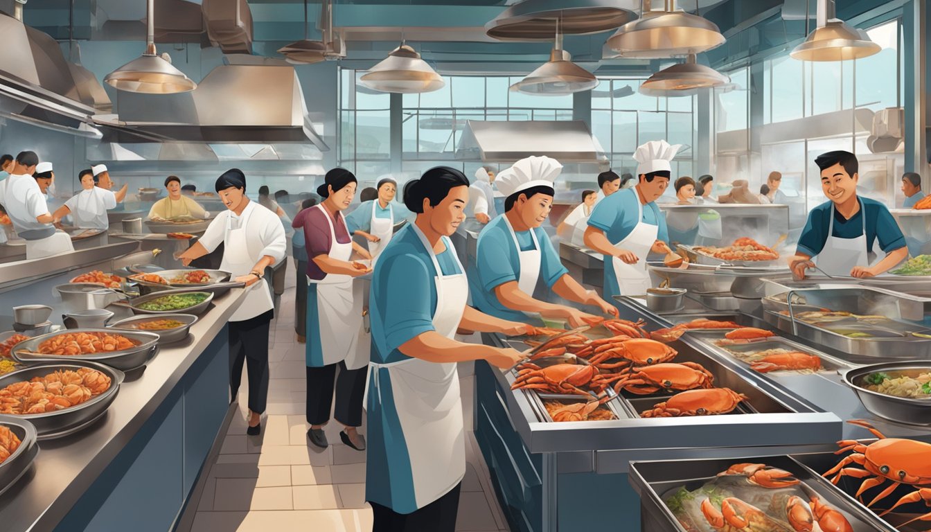 A bustling seafood restaurant in Singapore, with tanks of live crabs, lobsters, and fish. Customers point to their choices as chefs prepare them in the open kitchen