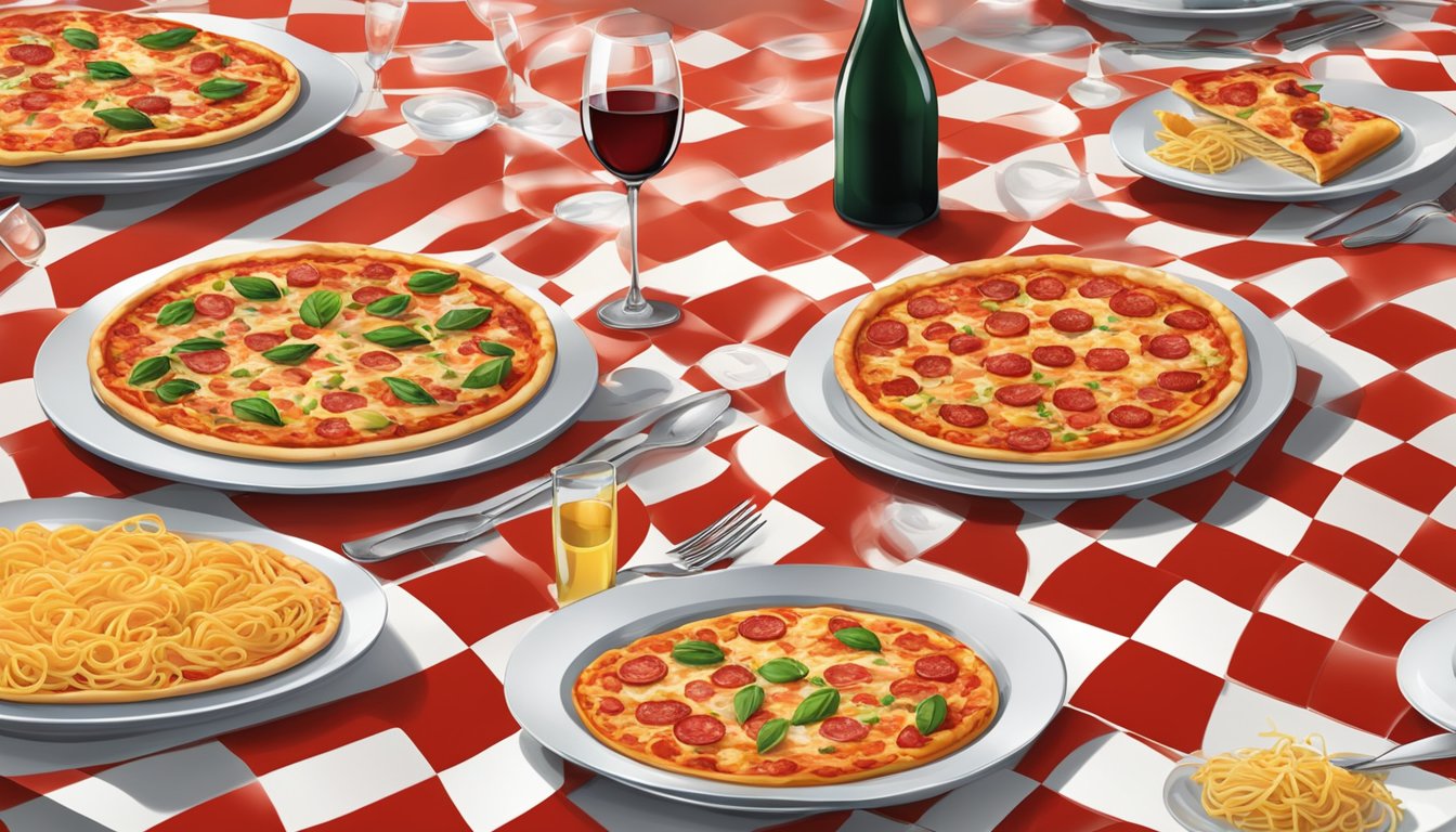 A table set with a red checkered tablecloth, adorned with plates of steaming pasta, pizza, and glasses of wine at Mario's restaurant