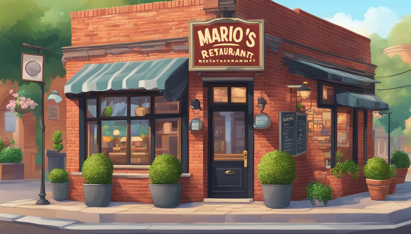 A quaint restaurant with a red brick exterior, a charming sign reading "Mario's Restaurant," and a contact information board displayed prominently
