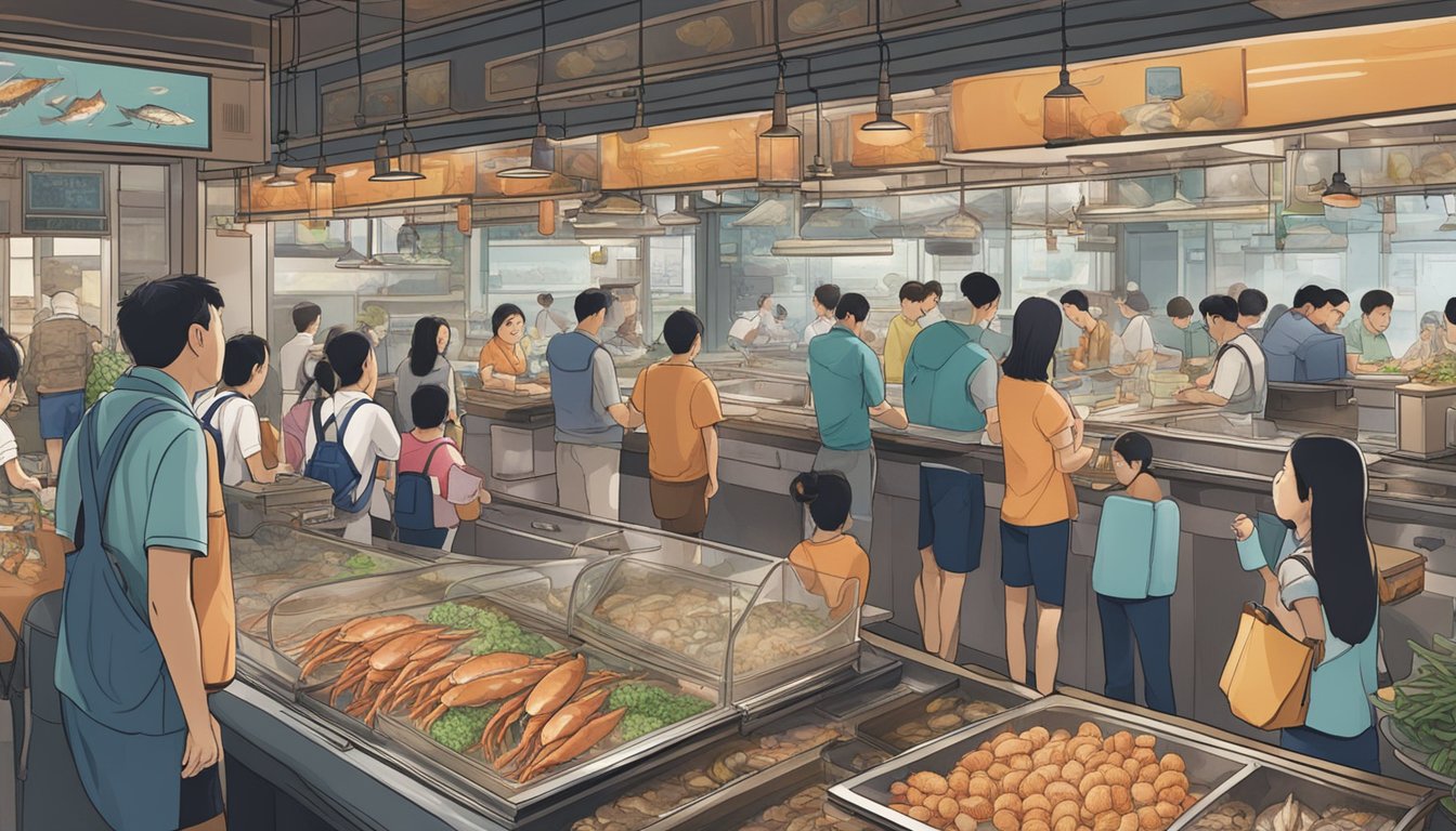 Customers eagerly browse tanks of live seafood at a bustling Singapore restaurant, as staff answer their frequently asked questions