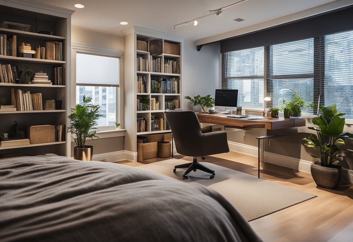 A cozy office guest room with a large desk, bookshelves, and a comfortable seating area. Natural light streams in from the window, illuminating the space