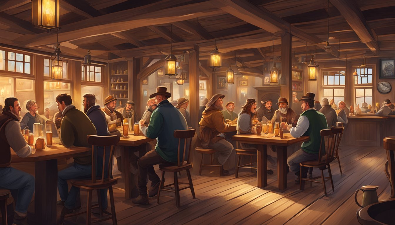 A bustling tavern restaurant with wooden tables, hanging lanterns, and a roaring fireplace. Patrons enjoy hearty meals and clinking mugs of ale
