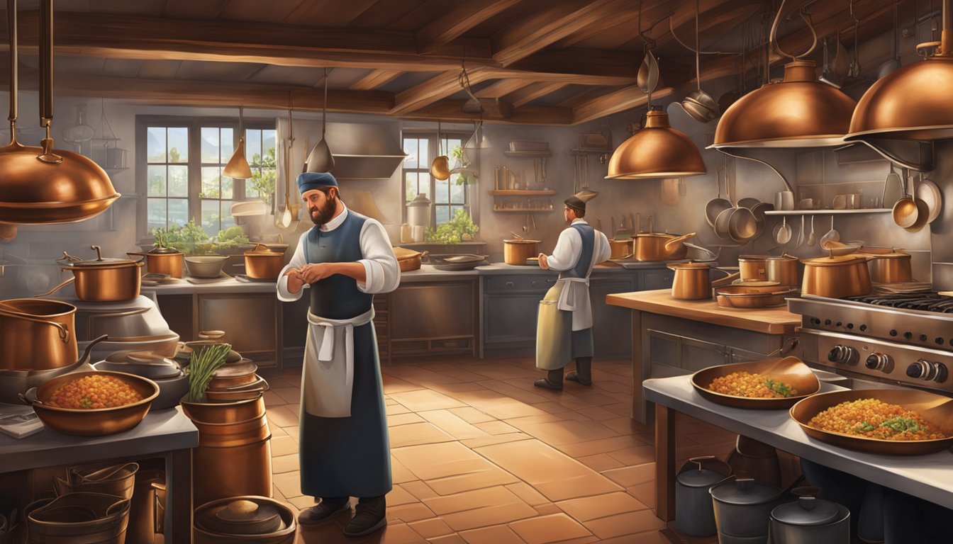 The bustling tavern kitchen sizzles with savory aromas as chefs expertly prepare dishes amidst a backdrop of hanging copper pots and pans