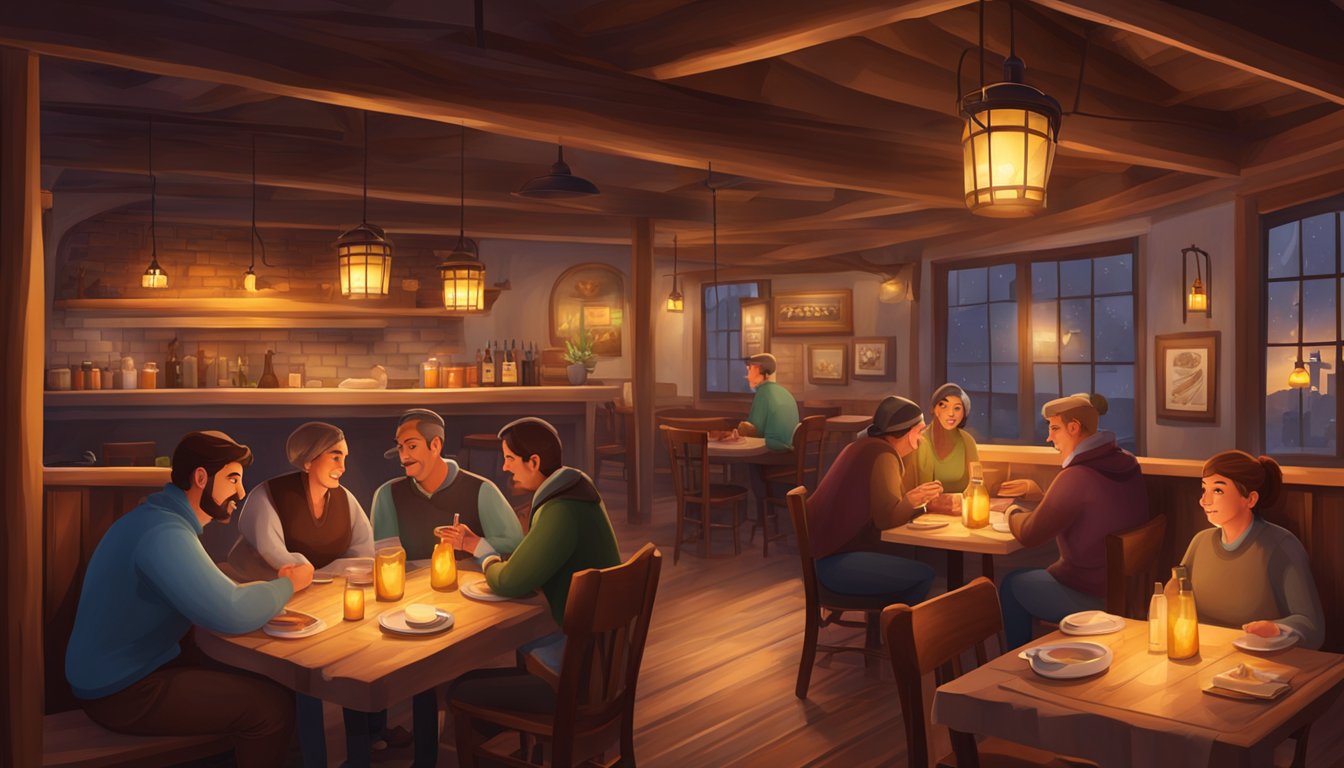 A cozy tavern restaurant with warm lighting, wooden tables, and a crackling fireplace. Patrons enjoy hearty meals and lively conversation