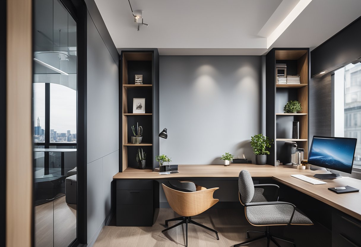A modern office guest room with sleek furniture, a comfortable sofa bed, and a functional workspace with a desk and storage
