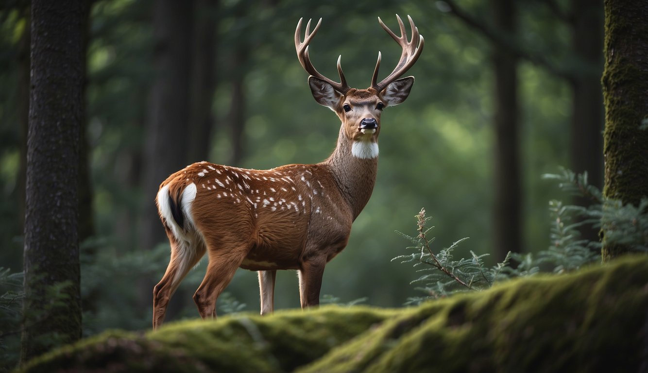 A deer uses its antlers to defend against predators and attract mates, but also gets tangled in branches while navigating through dense forest