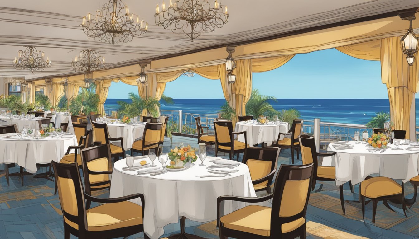 The Miramar Hotel restaurant bustles with diners enjoying ocean views and elegant decor. Tables are set with fine linens and sparkling glassware, while the aroma of gourmet cuisine fills the air