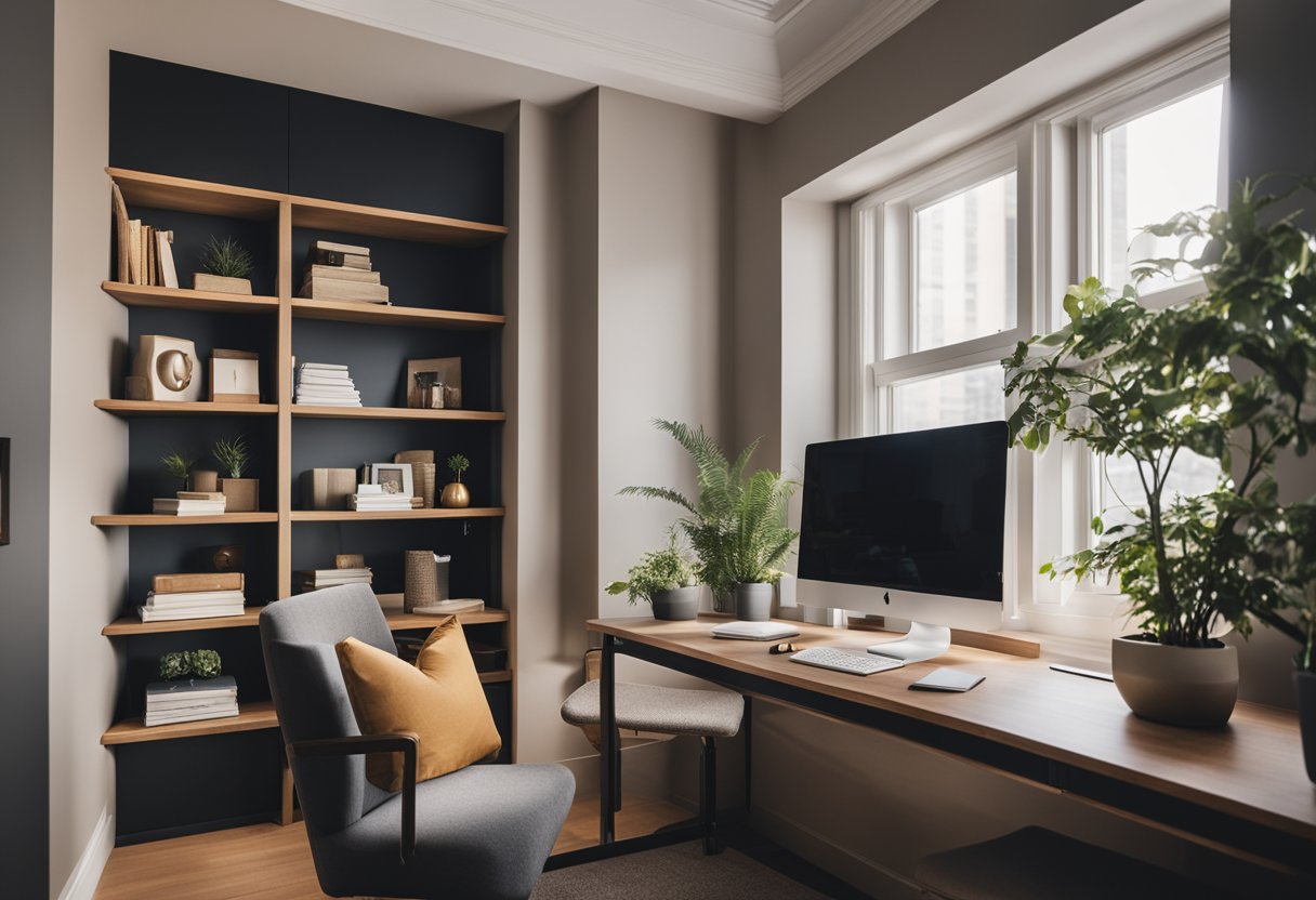 A cozy office guest room with a modern desk, comfortable seating, and a bookshelf filled with decorative items and reading material. A large window allows natural light to fill the room, creating a warm and inviting atmosphere
