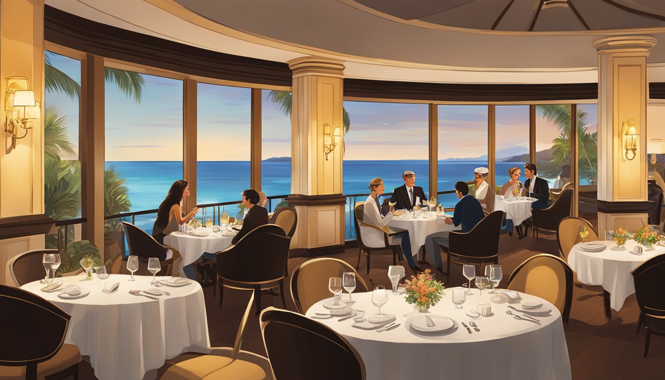 Guests dining at Hotel Miramar's elegant restaurant, with a view of the ocean and a warm, inviting ambiance