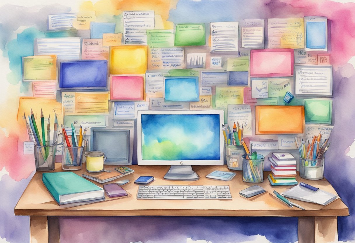A computer screen with "Good YouTube Channel Names" displayed, surrounded by a variety of colorful and creative objects like pens, notebooks, and a brainstorming board