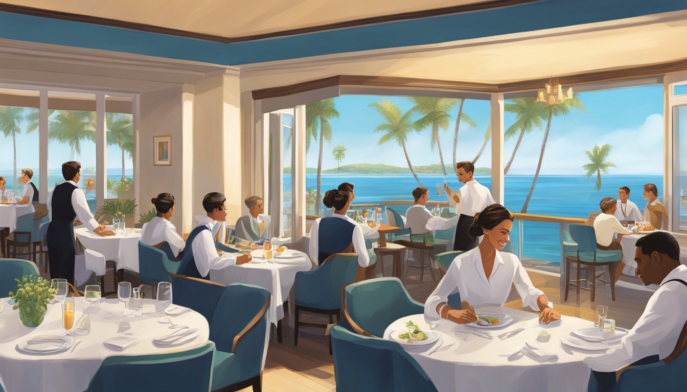 Guests enjoy ocean views from Miramar hotel restaurant, as waitstaff attend to their needs with impeccable service