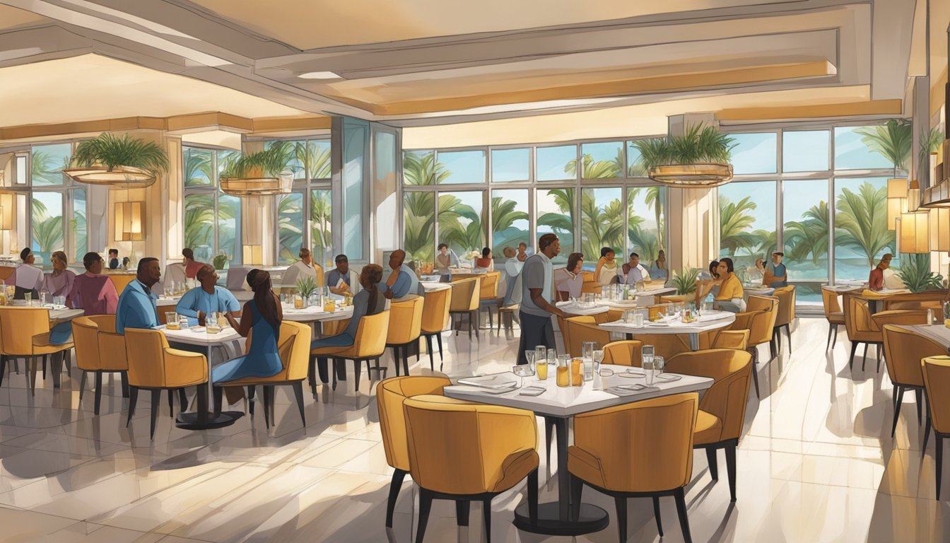 The bustling Miramar hotel restaurant features a diverse crowd enjoying meals, while staff members provide attentive service. The modern decor and large windows create a bright and inviting atmosphere