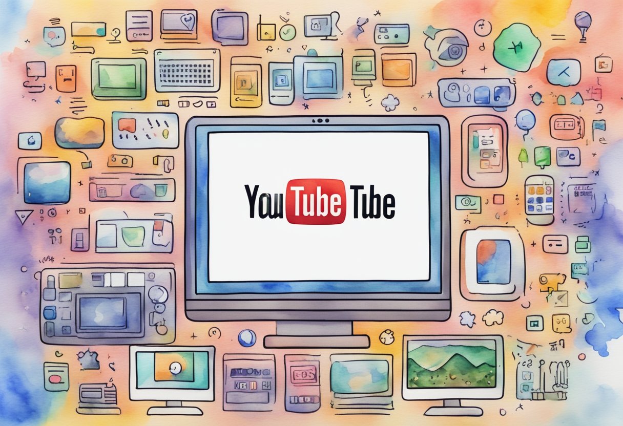 A computer screen displaying a variety of YouTube channel names, surrounded by icons representing different genres and themes