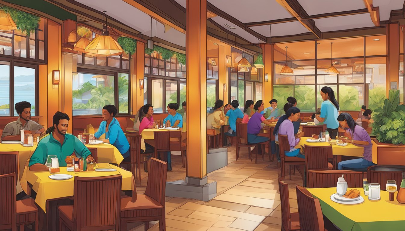 The bustling Komo restaurant, filled with vibrant colors and the aroma of sizzling spices, as patrons enjoy their meals and the lively atmosphere