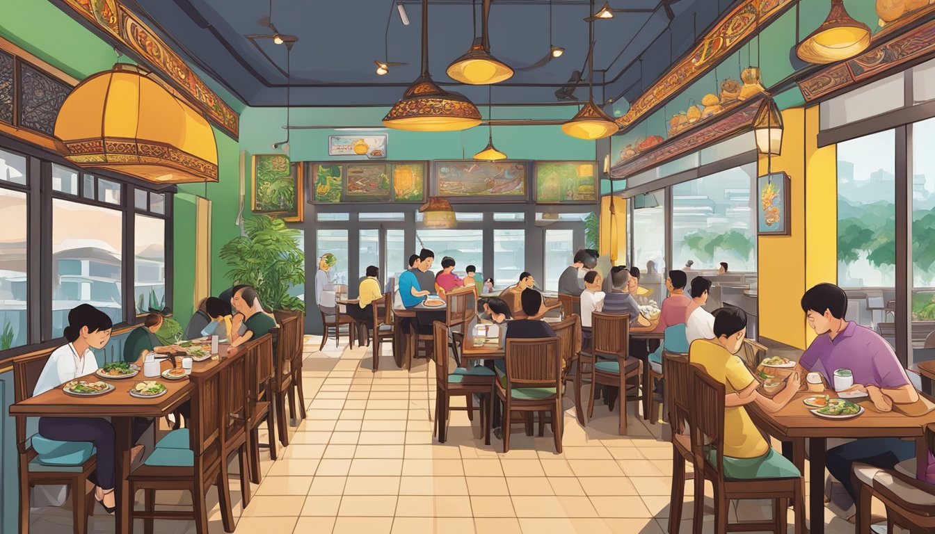 The bustling Thai restaurant in Yishun is filled with colorful decor, aromatic spices, and sizzling dishes. Patrons eagerly await their meals while the sound of sizzling woks and chatter fills the air