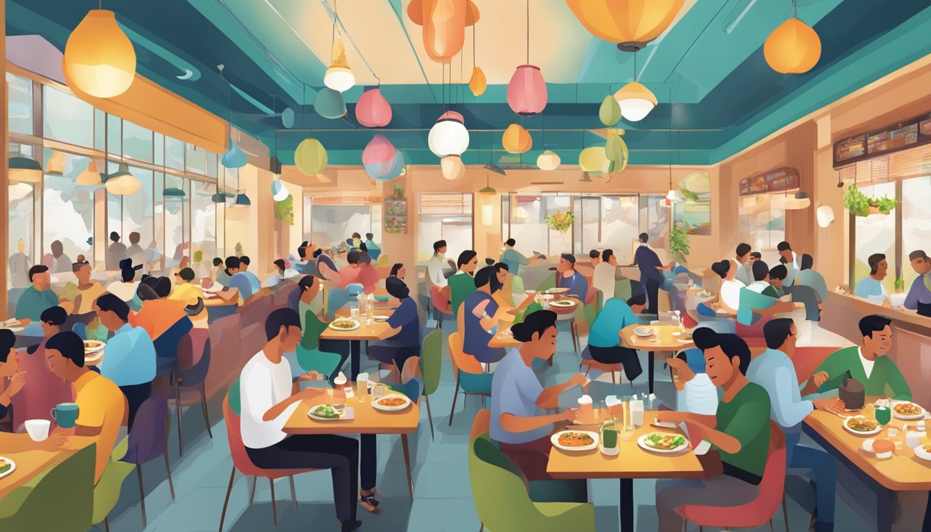 A bustling mukmin restaurant with colorful decor, steaming plates of food, and happy diners enjoying their meals