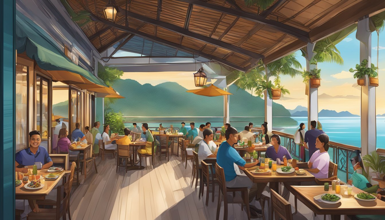A bustling Langkawi restaurant with colorful decor, outdoor seating, and a view of the ocean