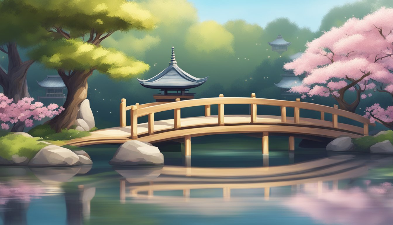 A serene Japanese garden with a traditional wooden bridge over a tranquil pond, surrounded by cherry blossom trees and lanterns