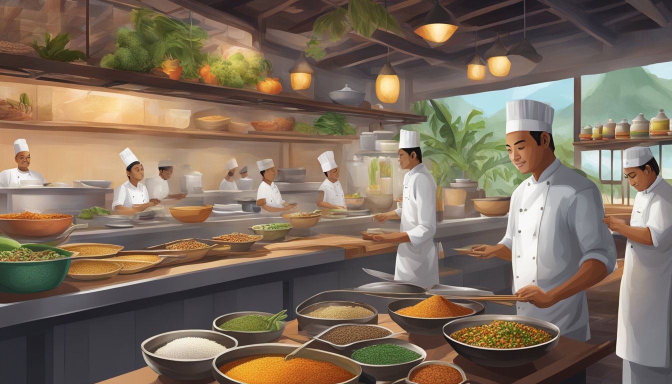 A bustling Langkawi restaurant, filled with the aromatic scents of local spices and flavors, as chefs skillfully prepare traditional Malaysian dishes