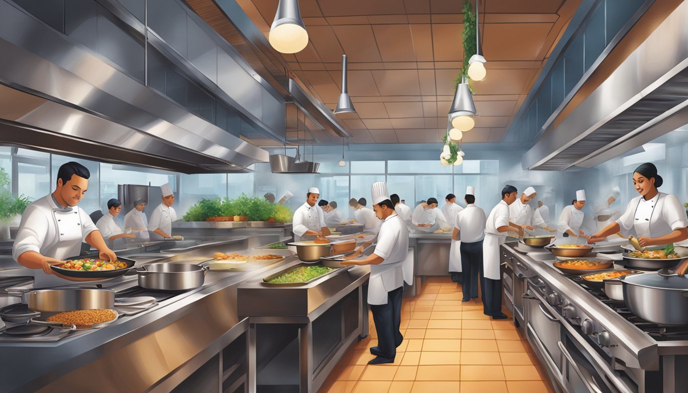 The bustling kitchen at Komo Restaurant, with chefs expertly preparing culinary delights and signature dishes. A symphony of sizzling pans, vibrant ingredients, and aromatic spices fills the air