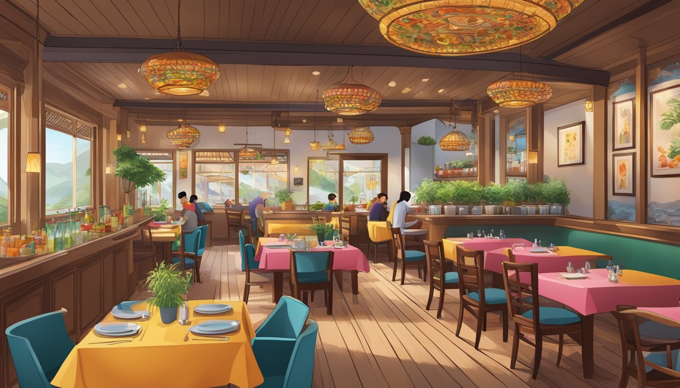 The bustling Mukmin restaurant is filled with colorful tables and chairs, aromatic scents of spices, and a lively atmosphere