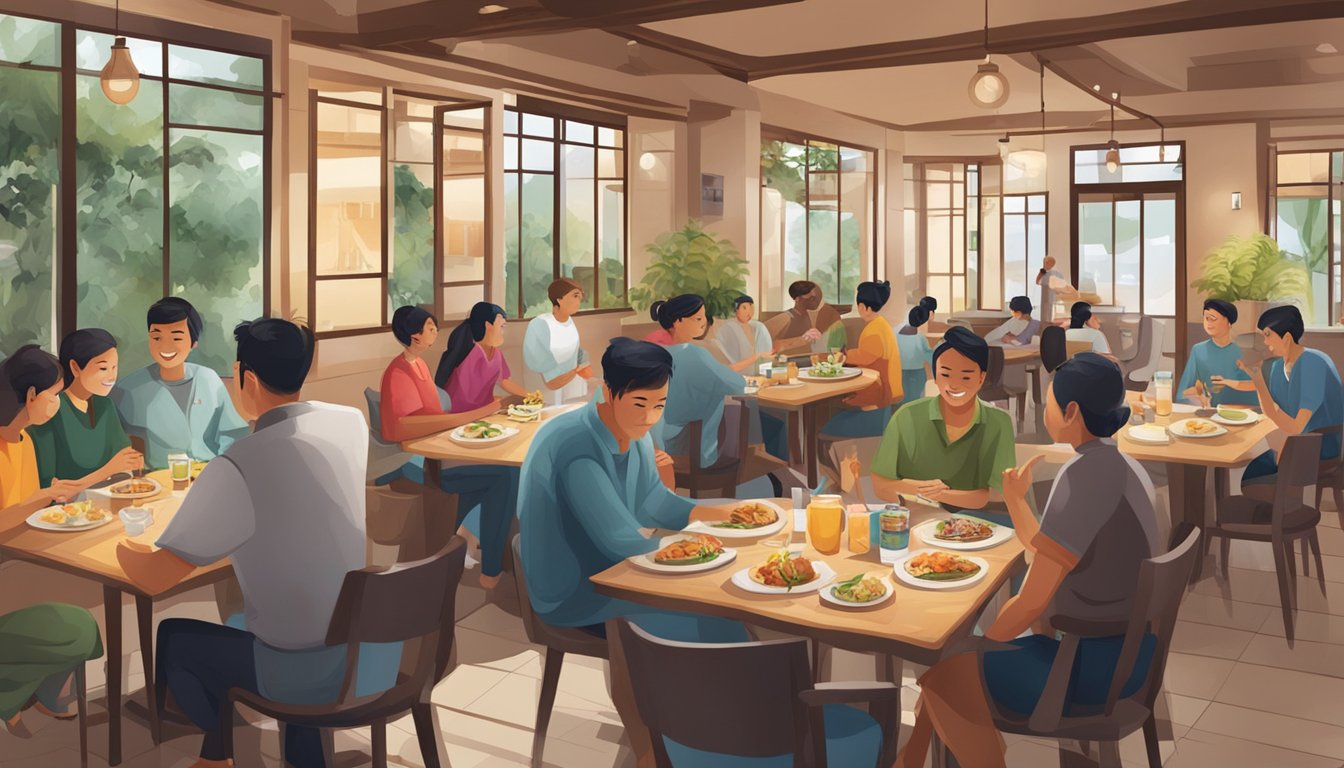 Customers enjoying meals at Mukmin restaurant, while staff interact with them, creating a warm and welcoming atmosphere for the community