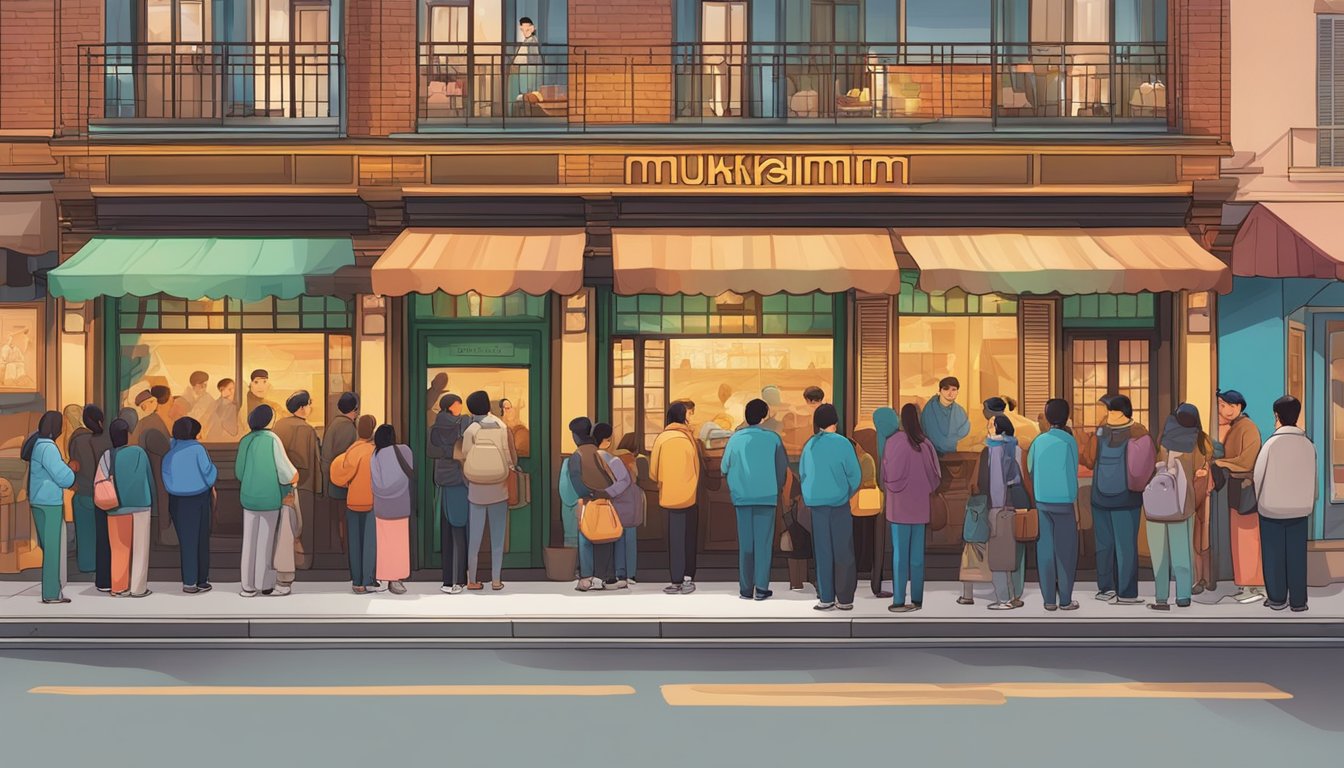 Customers lining up outside the vibrant mukmin restaurant, eagerly awaiting their turn to enter and enjoy the delicious food and warm atmosphere