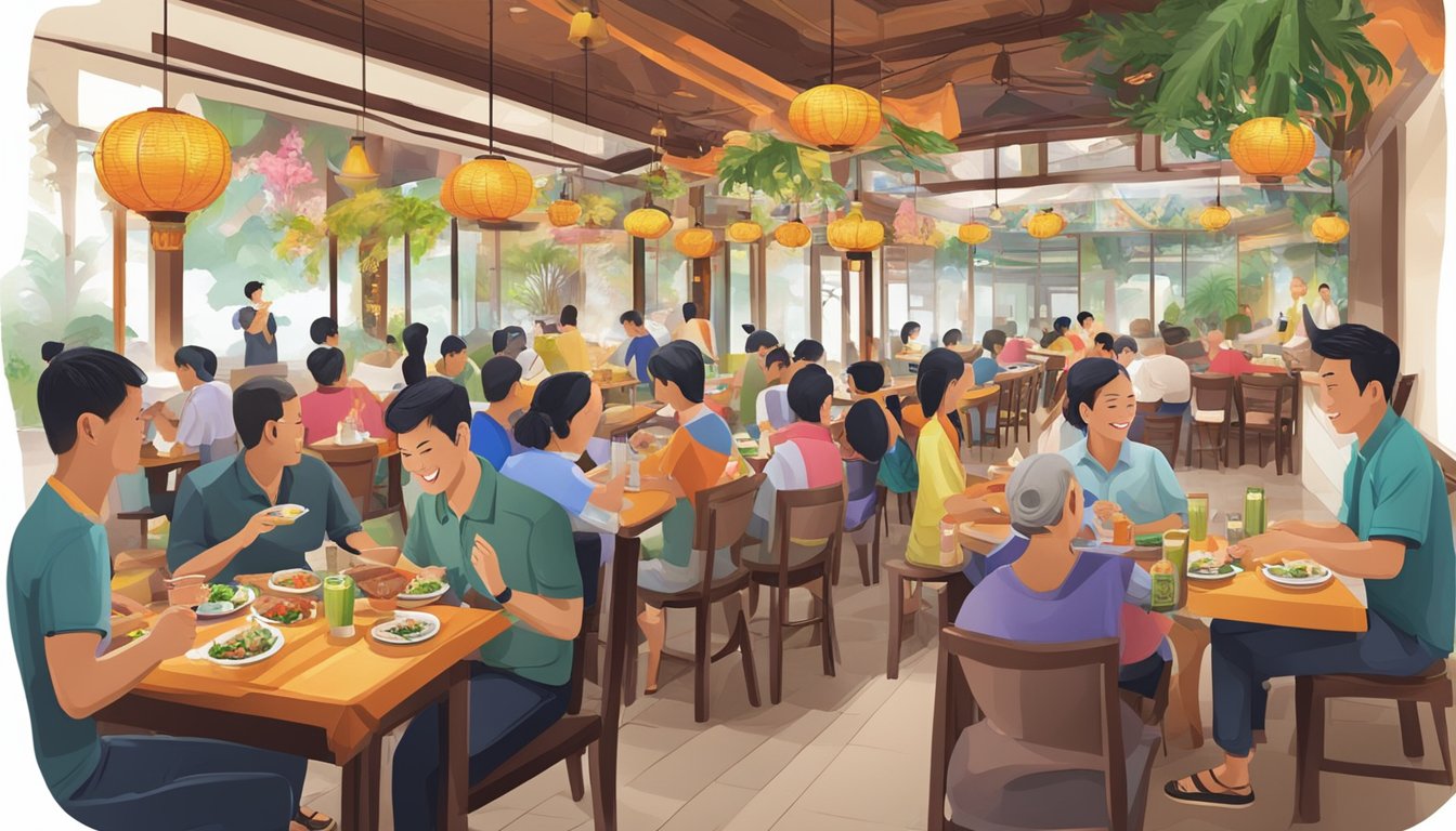 A bustling Thai restaurant in Yishun, with colorful decor, steaming plates of food, and happy diners enjoying their meals