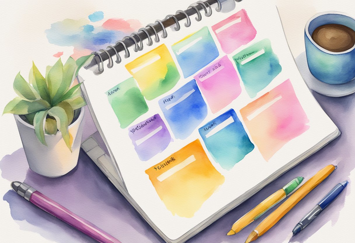 A computer screen showing a list of catchy and creative YouTube channel names. A notebook with brainstorming ideas and a pen nearby