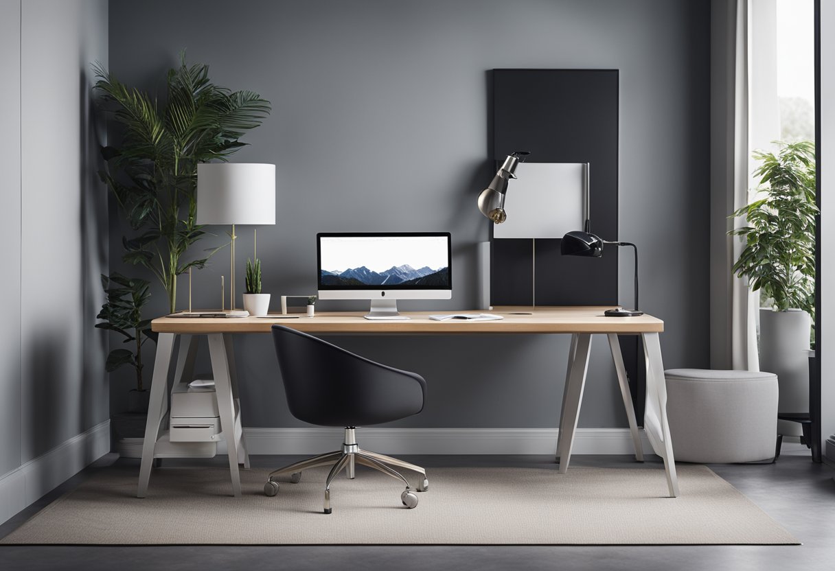 A sleek, modern desk with a minimalist design, organized with a computer, phone, and paperwork. A stylish chair sits behind the desk