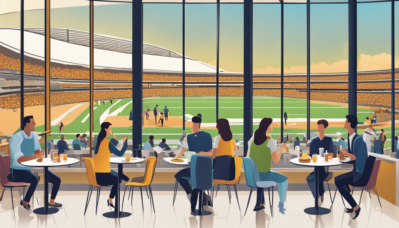 Customers enjoying a meal with a view of the stadium, while waitstaff serve food and drinks in a modern, spacious restaurant setting