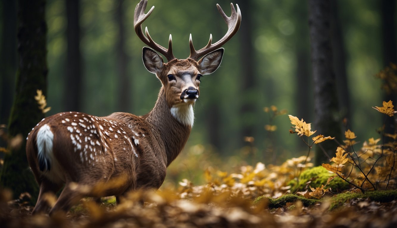A deer shedding its antlers in a lush forest, surrounded by fallen leaves and new growth, illustrating the annual cycle of shedding and regrowth