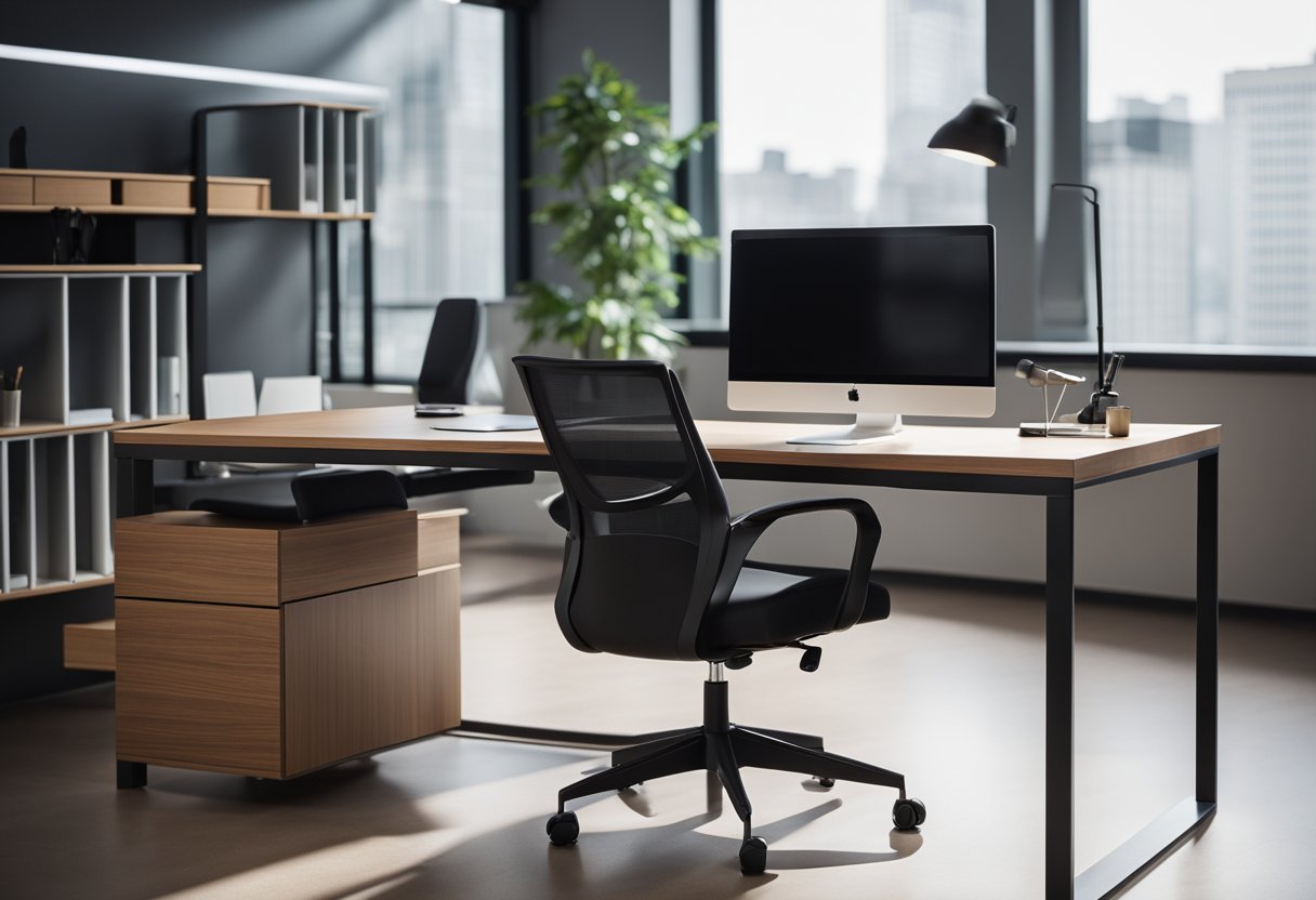 A sleek, modern office manager table with clean lines, a spacious work surface, organized storage compartments, and ergonomic chair