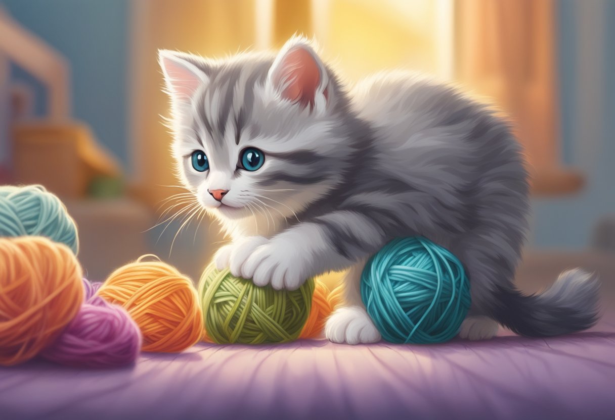 A small, fluffy, gray and white kitten named Jasper playing with a colorful ball of yarn in a sunlit room